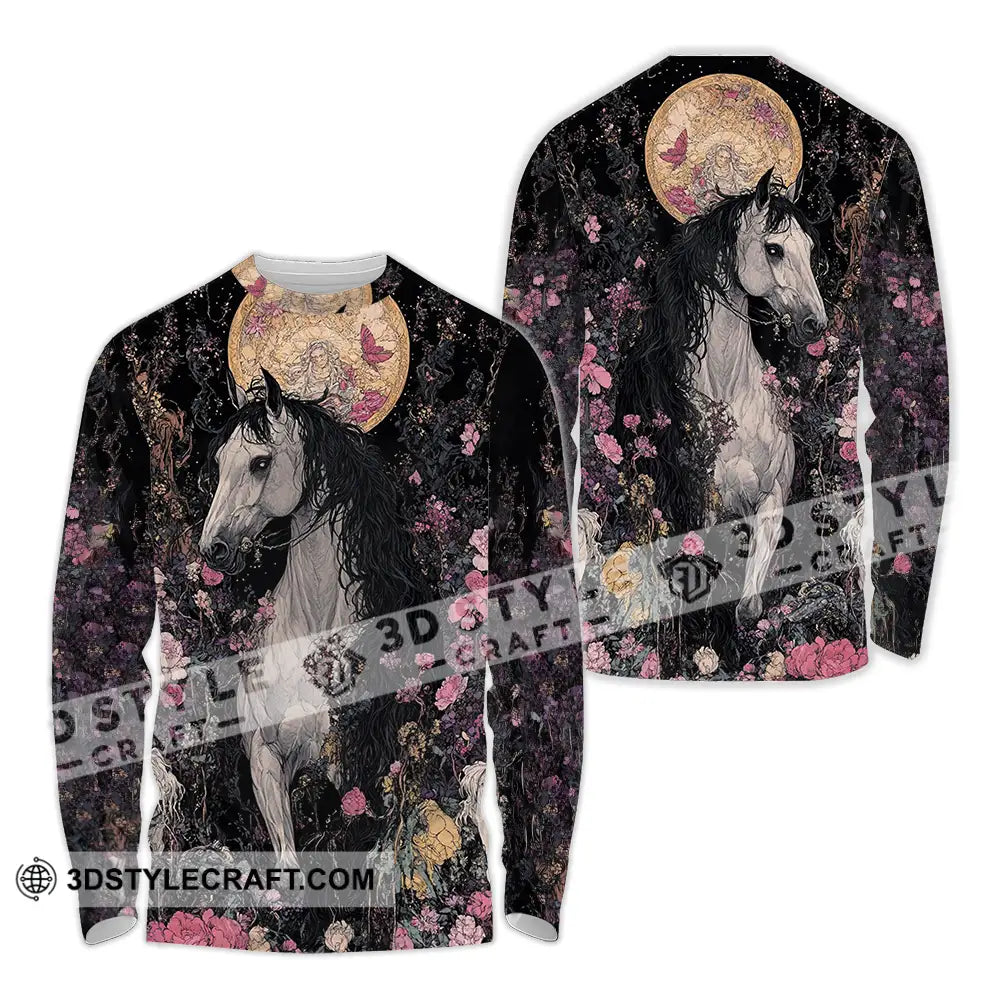 Unisex Shirt - Black Horse And Flowers Horse Graphic Animal Scenery Stylish Shirt Long Sleeve Shirt / S T-shirt