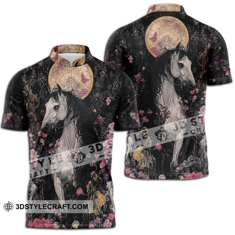 Unisex Shirt - Black Horse And Flowers Horse Graphic Animal Scenery Stylish Shirt Zipper Polo Shirt / S T-shirt