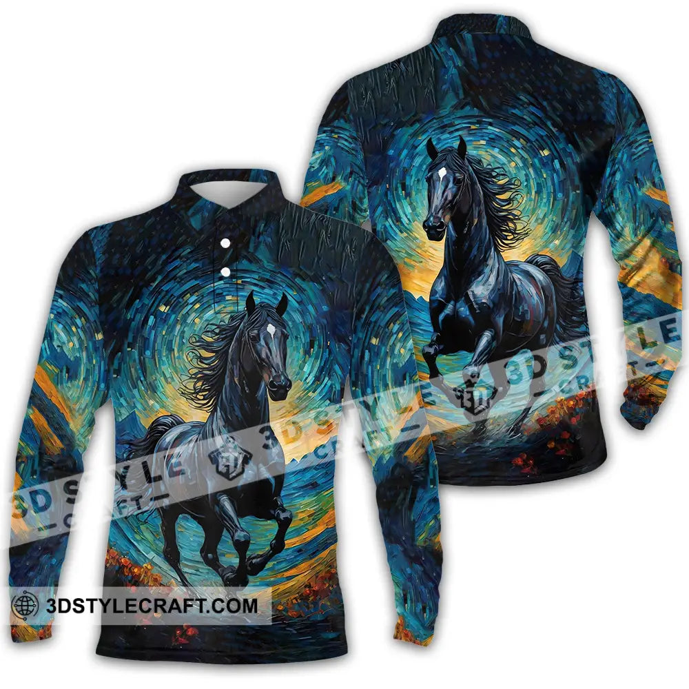 Unisex Shirt - Black Horse Symbolism Night Sky Shirt Long Sleeve Polo / S T-shirt
