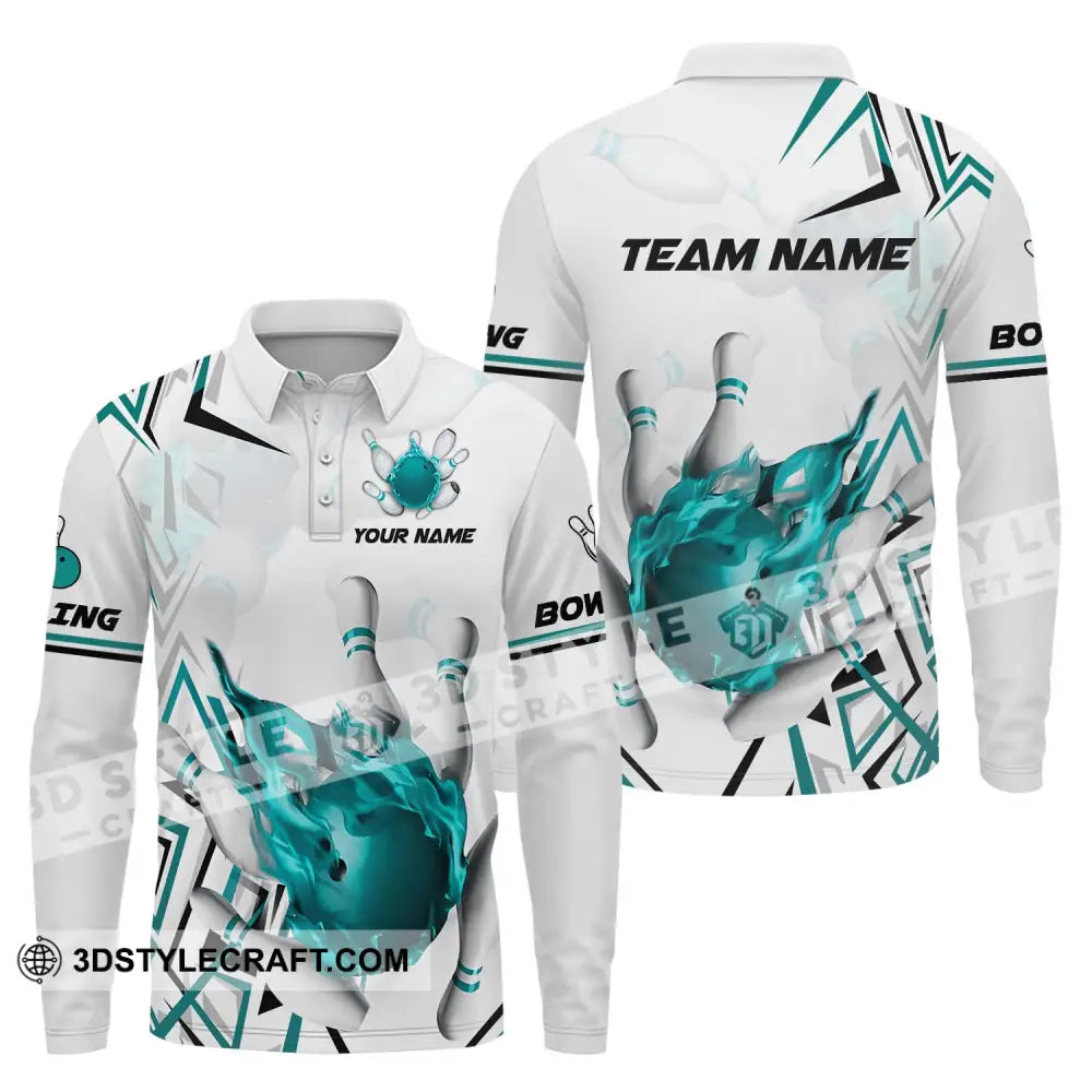 Unisex Shirt - Custom Name And Team Navy Bowling Ball Long Sleeve Polo / S T-Shirt