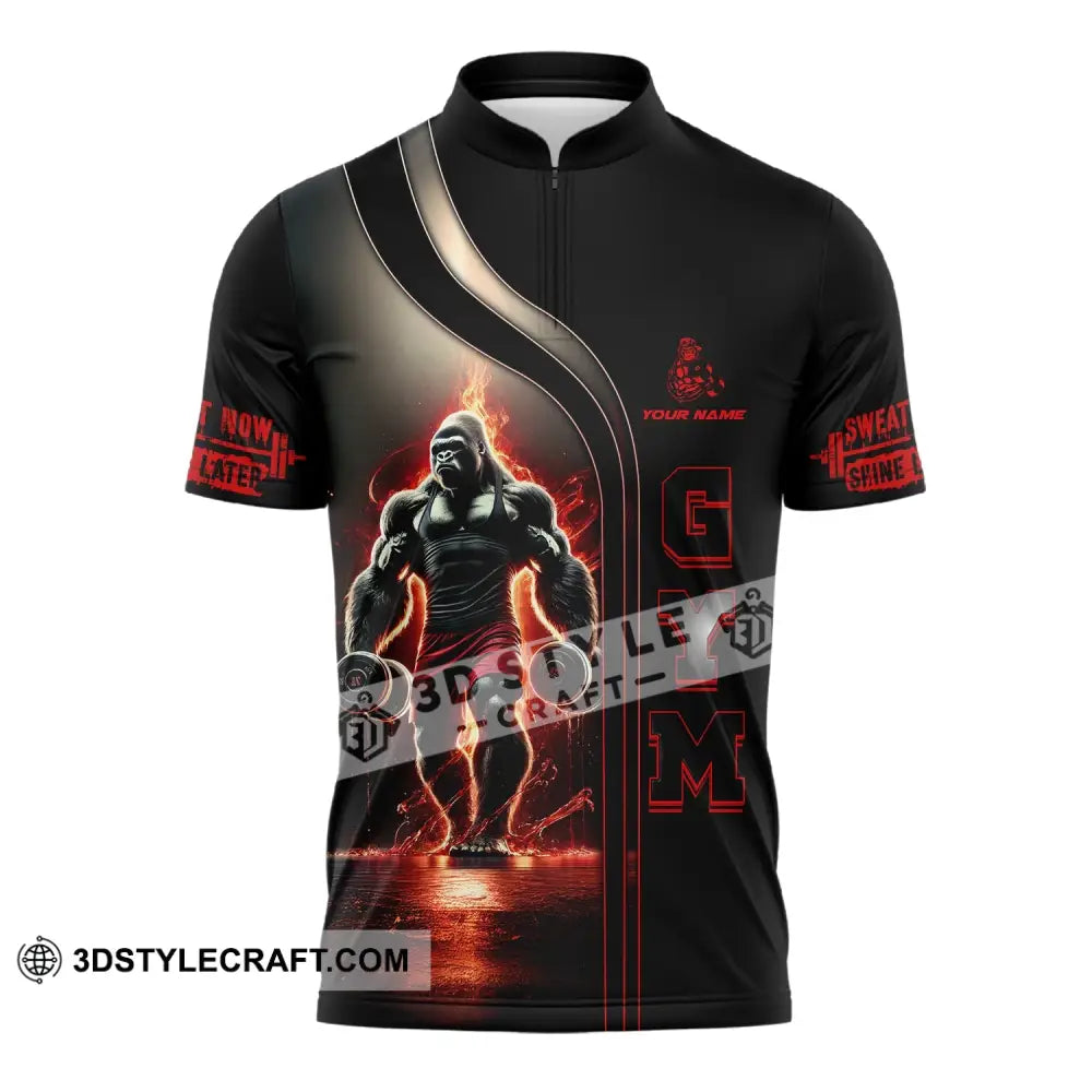 Unisex Shirt Custom Name Gym Work Out Long Sleeve Fitness Zipper Polo / S T-Shirt