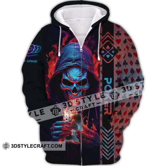 Unisex Shirt Custom Name Poker Skull T-Shirt Hoodie Gift Zipper / S