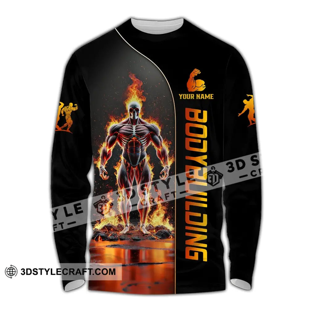 Unisex Shirt - Custom Text Fire Bowling Man Long Sleeve / S T-Shirt