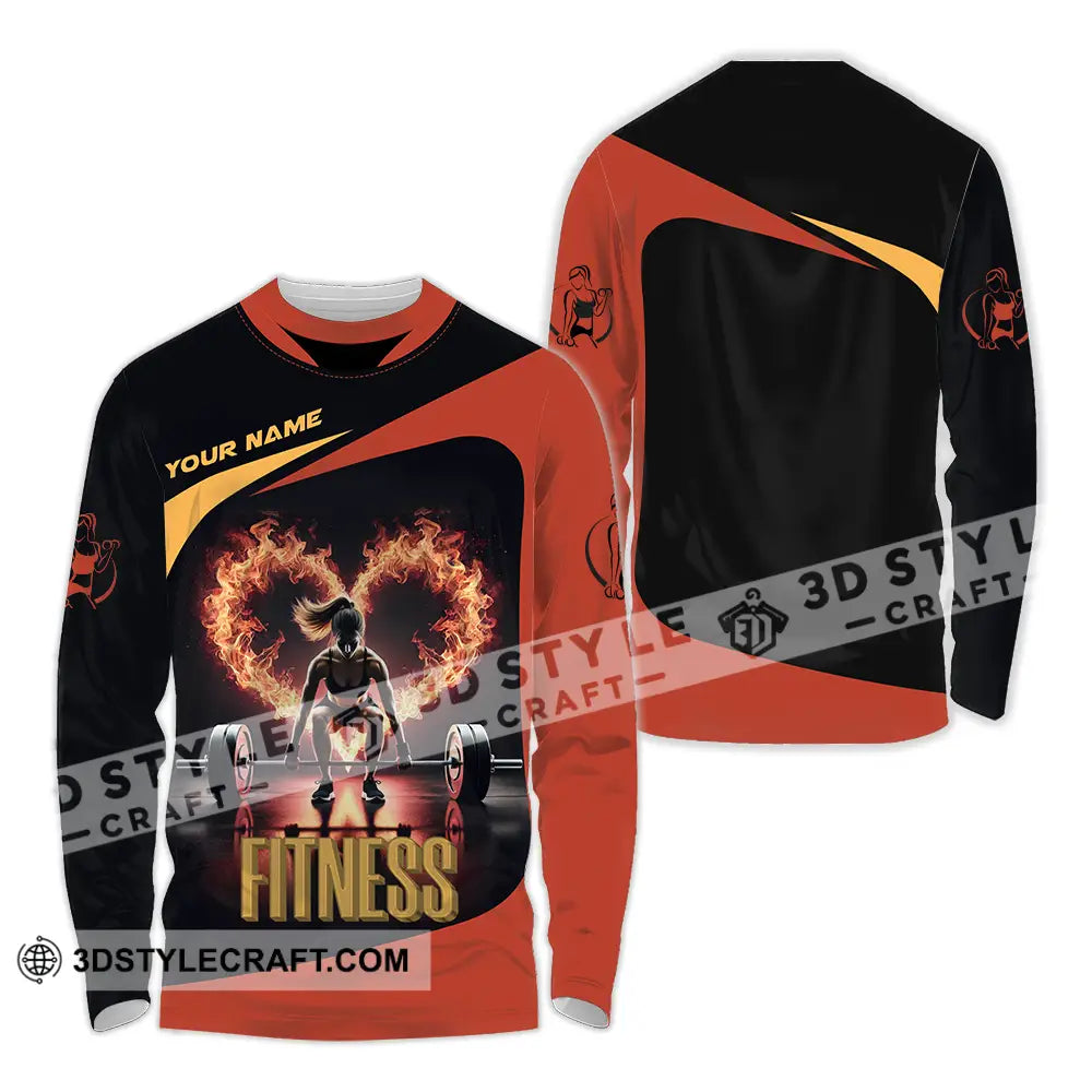 Unisex Shirt - Custom Text Fitness Fire Heart Long Sleeve / S T-Shirt