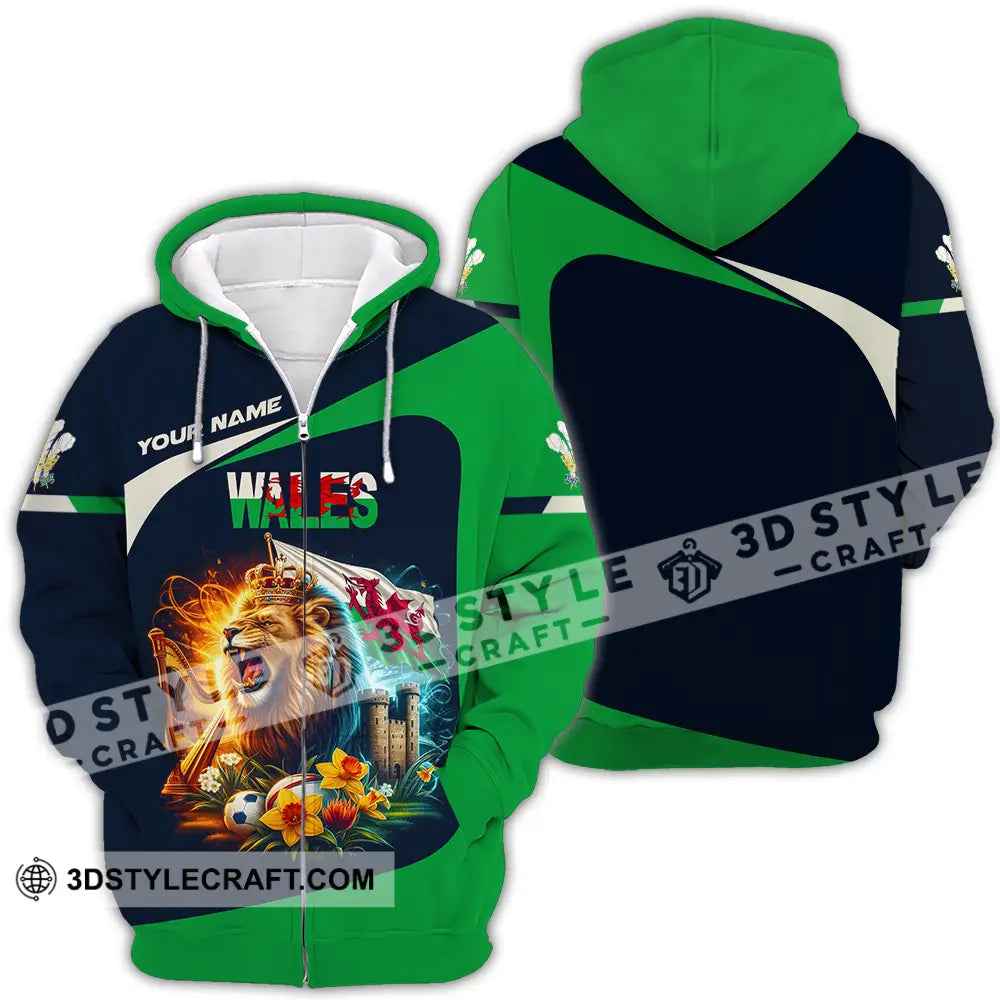 Unisex Shirt - Custom Text Wales Lion Zipper Hoodie / S T-Shirt