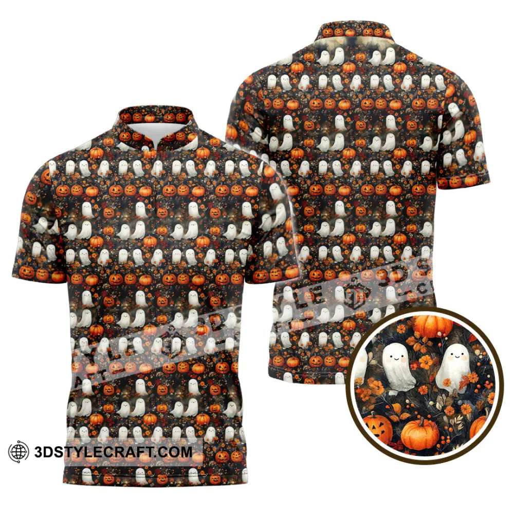 Unisex Shirt Halloween Design Ghost Pumpkin Shirt Zipper Polo Shirt / S T shirt