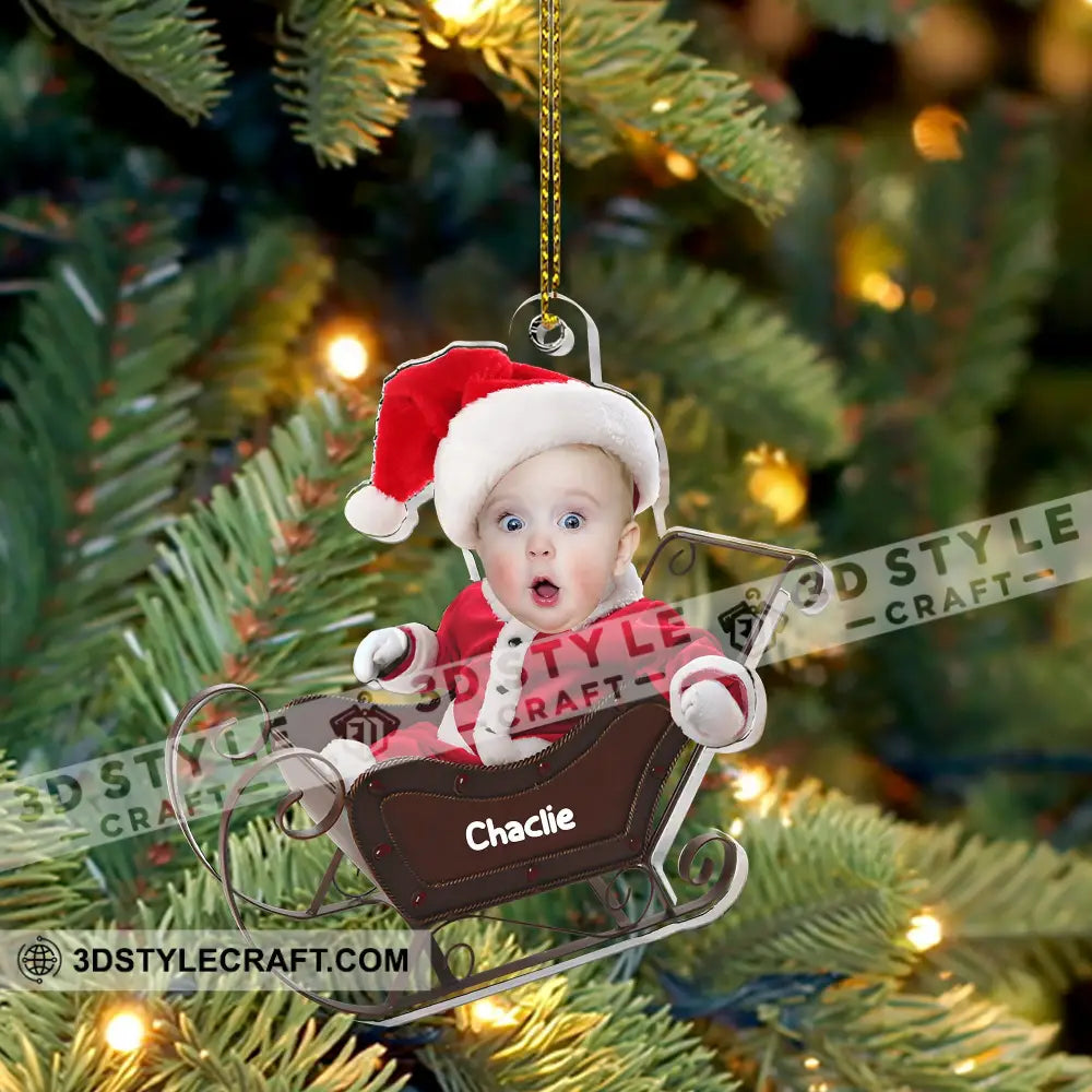 Baby In Christmas Sleigh - Custom Photo And Name Personalized Acrylic Ornament Gift For Family