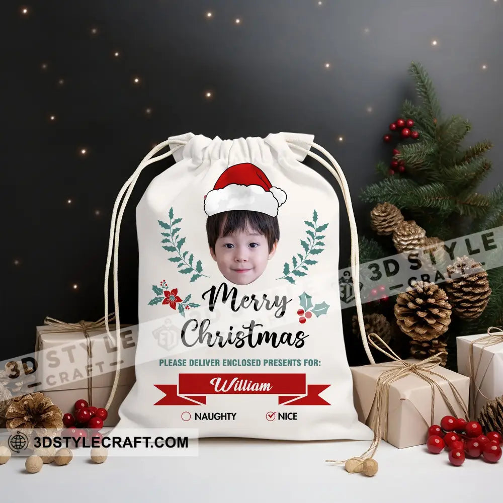 Christmas Kid Face Custom Photo And Name Personalized String Bag Gift