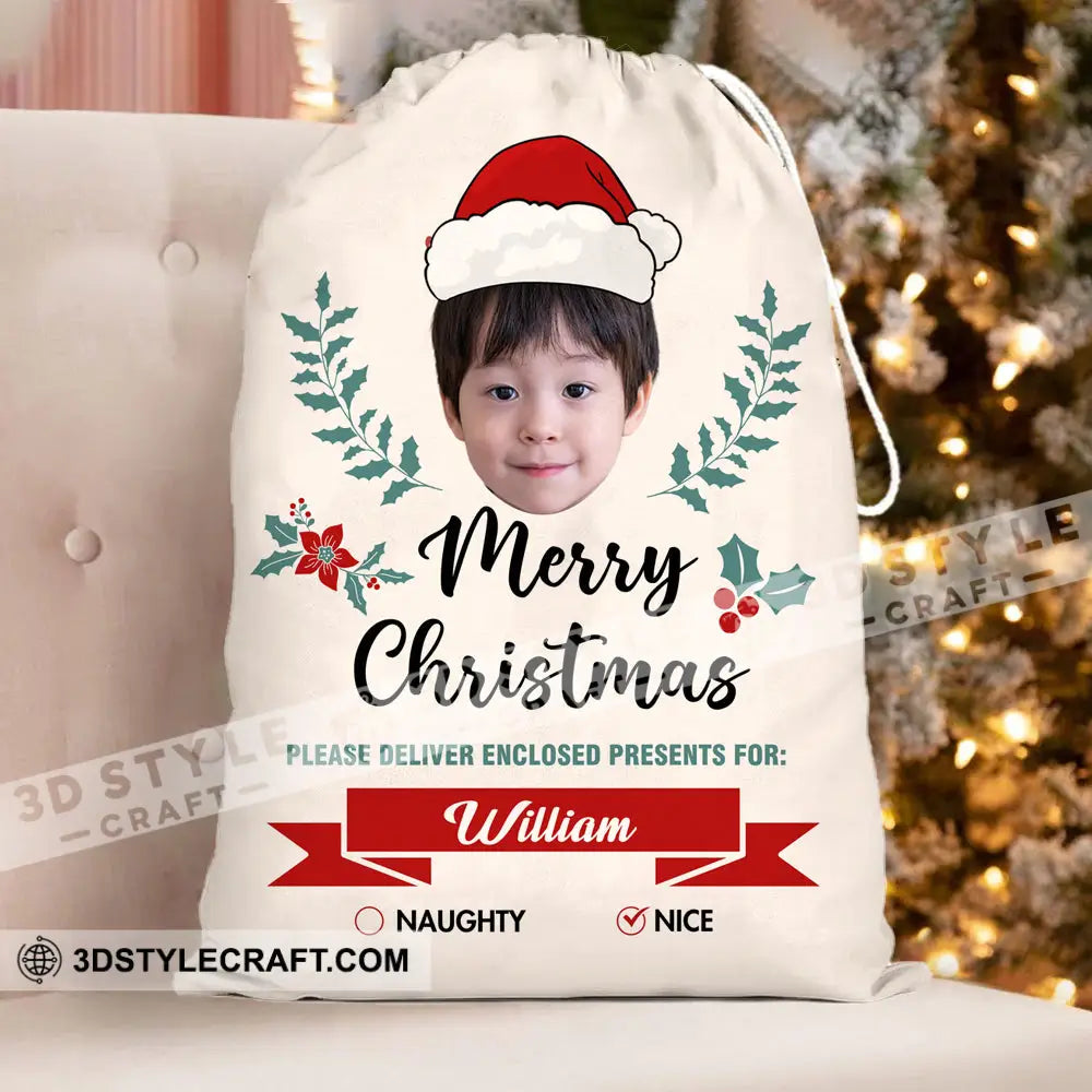 Christmas Kid Face Custom Photo And Name Personalized String Bag Gift