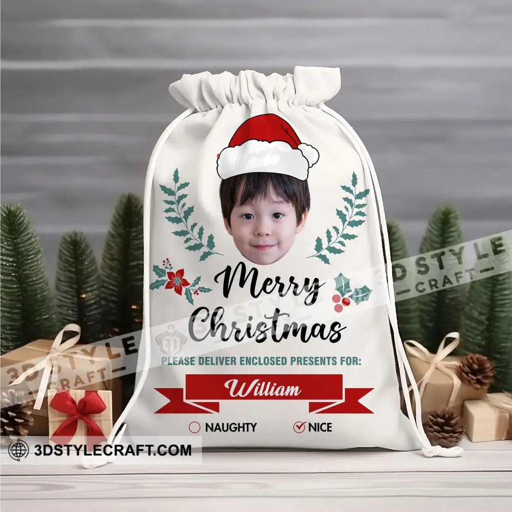 Christmas Kid Face Custom Photo And Name Personalized String Bag Gift