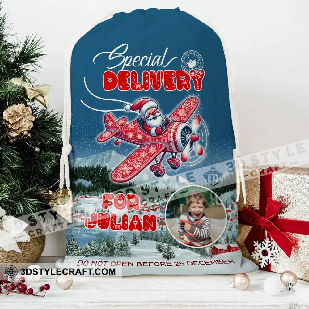 Christmas Santa Flies To You Custom Photo And Name Personalized String Bag Gift