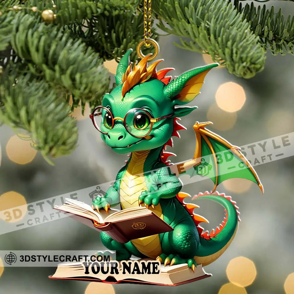 Custom Name Dragon Reading Books Ornament Christmas Gift For Book Lover