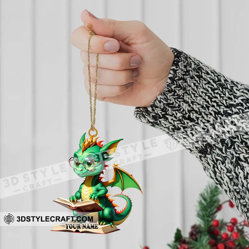 Custom Name Dragon Reading Books Ornament Christmas Gift For Book Lover