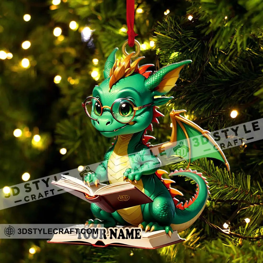 Custom Name Dragon Reading Books Ornament Christmas Gift For Book Lover