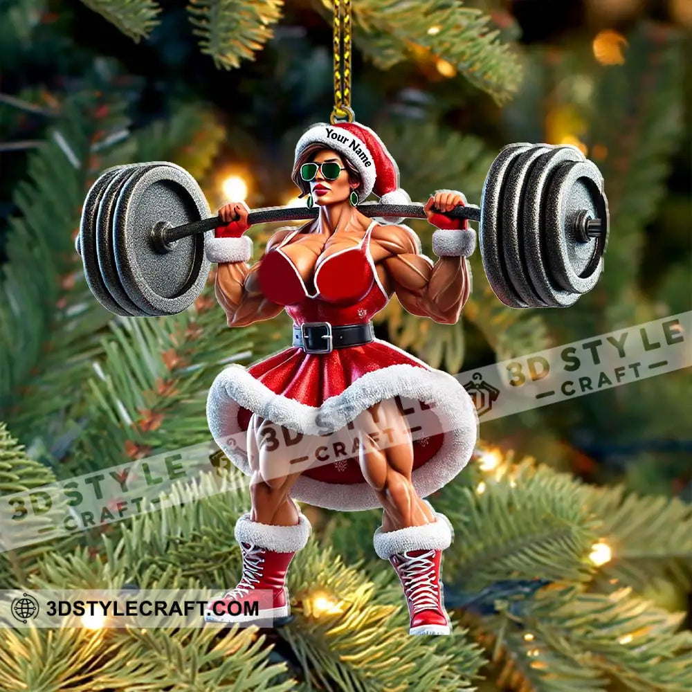 Custom Name Woman Gym Work Out Santa Ornament Christmas Gift Decor