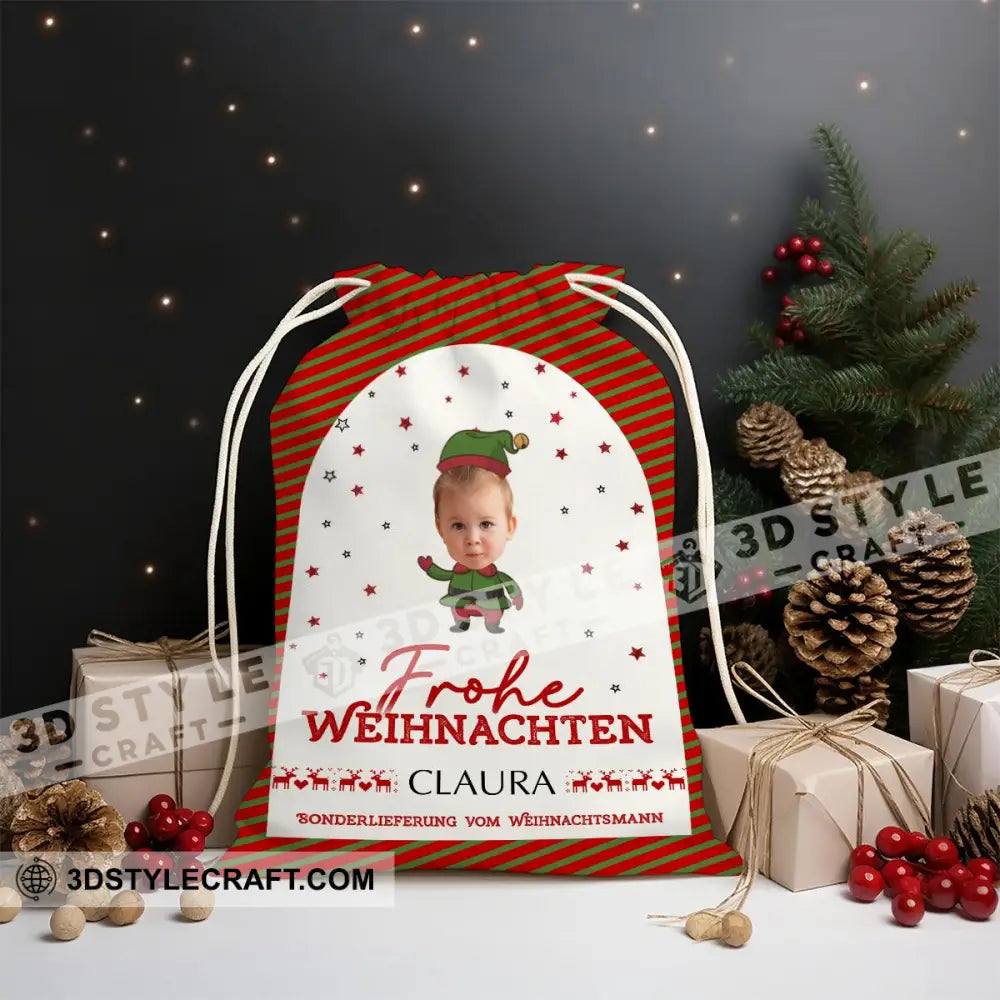 Frohe Weihnachten Custom Photo And Text Personalized String Bag Christmas Gift