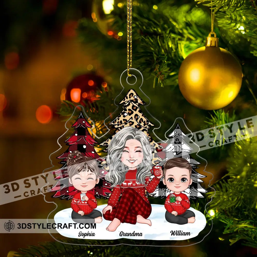 Grandma And Kids Sitting Near The Christmas Trees Gift For Mom Custom Appearances Names -