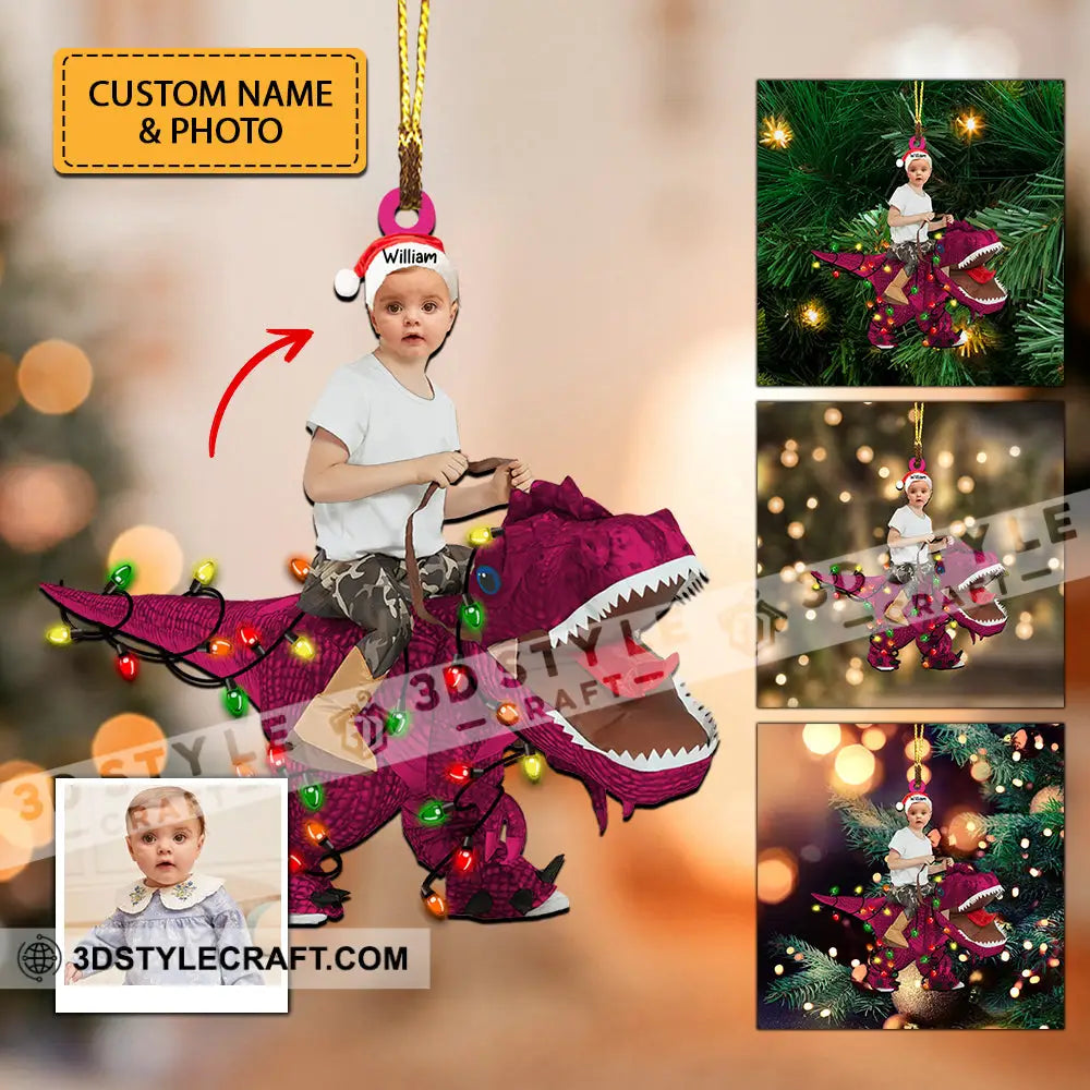 Kid Riding Dinosaur - Christmas Gift For Family Custom Photo And Name Personalized Acrylic Ornament