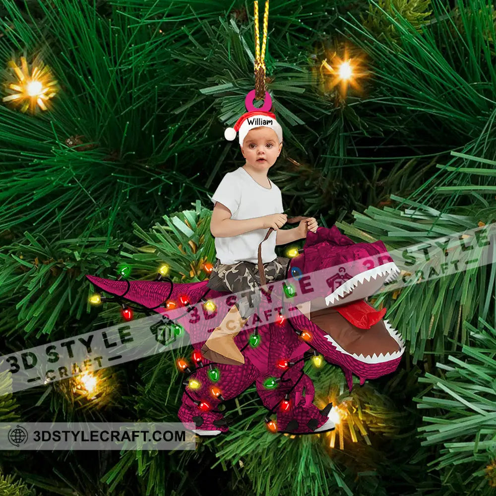 Kid Riding Dinosaur - Christmas Gift For Family Custom Photo And Name Personalized Acrylic Ornament