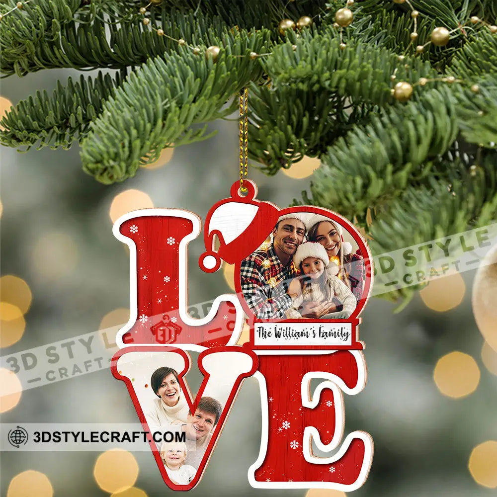 L.o.v.e For Christmas Custom Photo And Family Name - Personalized Shaped Wooden Ornament Gift