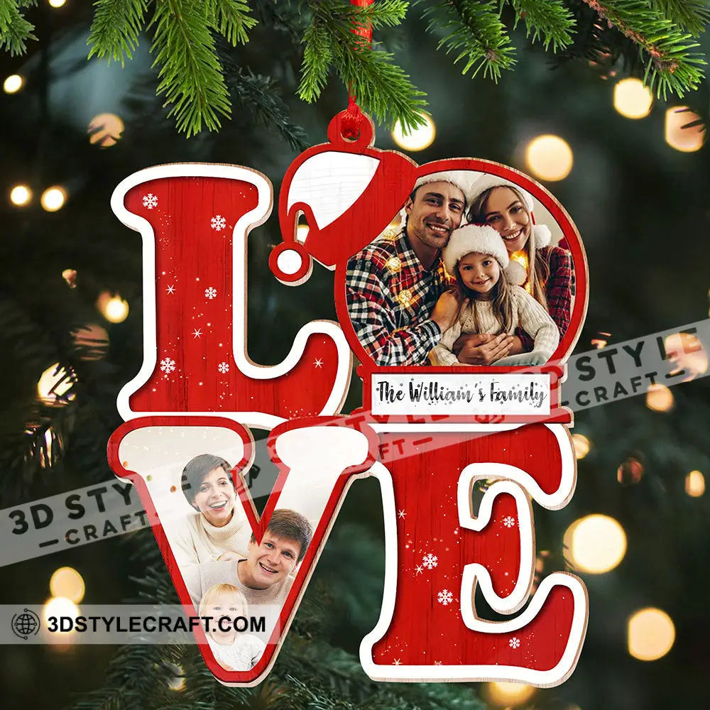 L.o.v.e For Christmas Custom Photo And Family Name - Personalized Shaped Wooden Ornament Gift