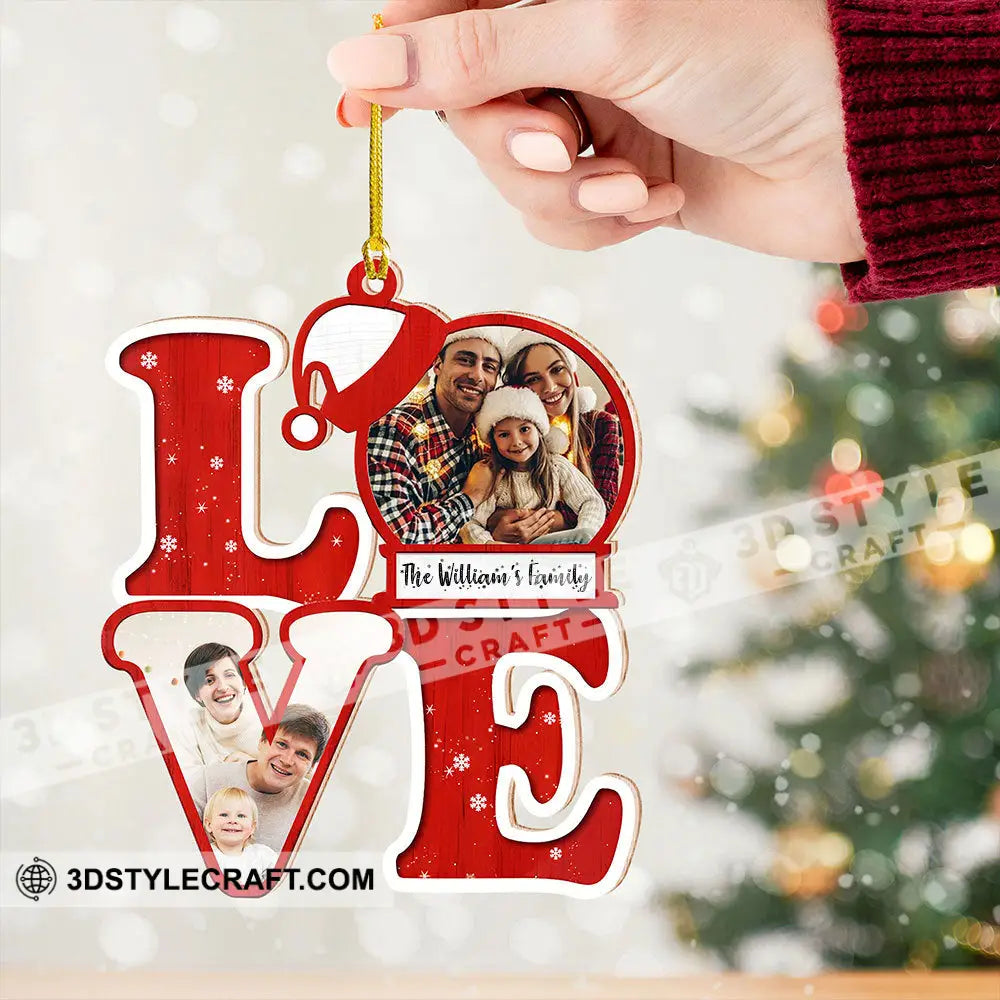 L.o.v.e For Christmas Custom Photo And Family Name - Personalized Shaped Wooden Ornament Gift