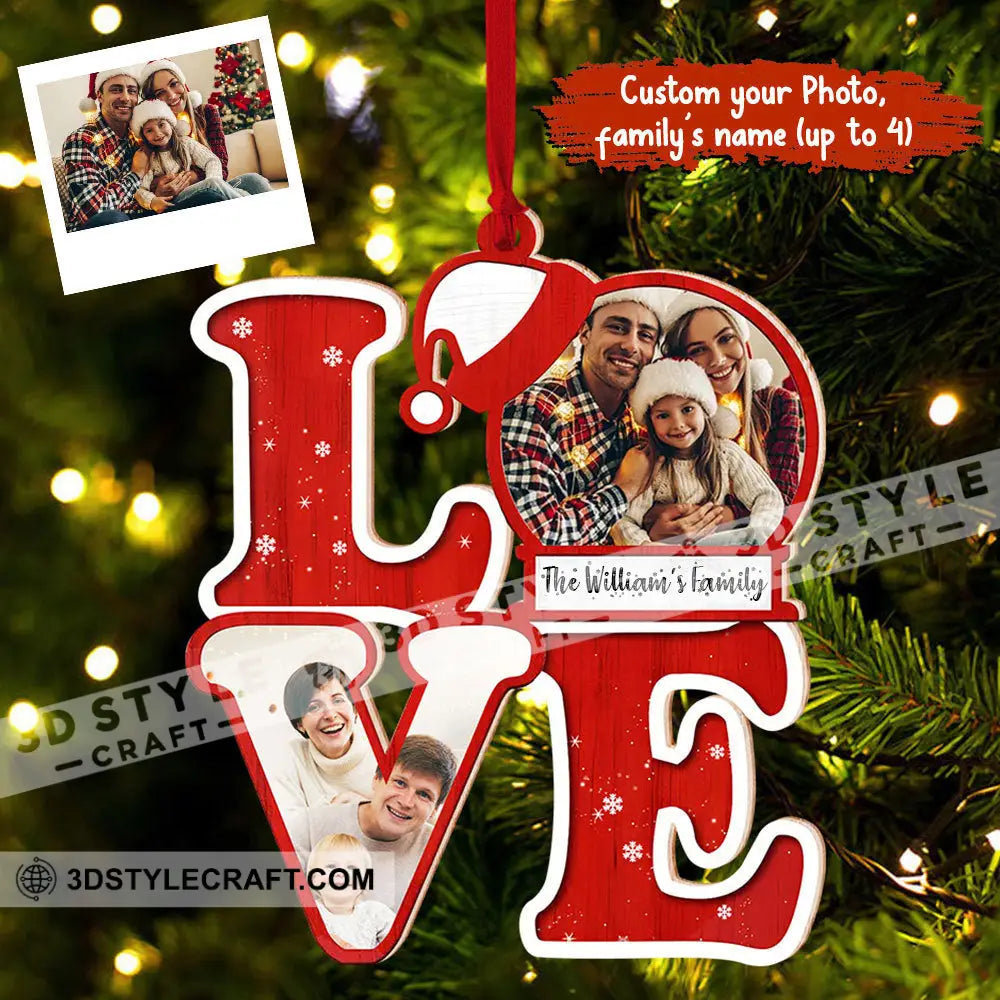 L.o.v.e For Christmas Custom Photo And Family Name - Personalized Shaped Wooden Ornament Gift Wood