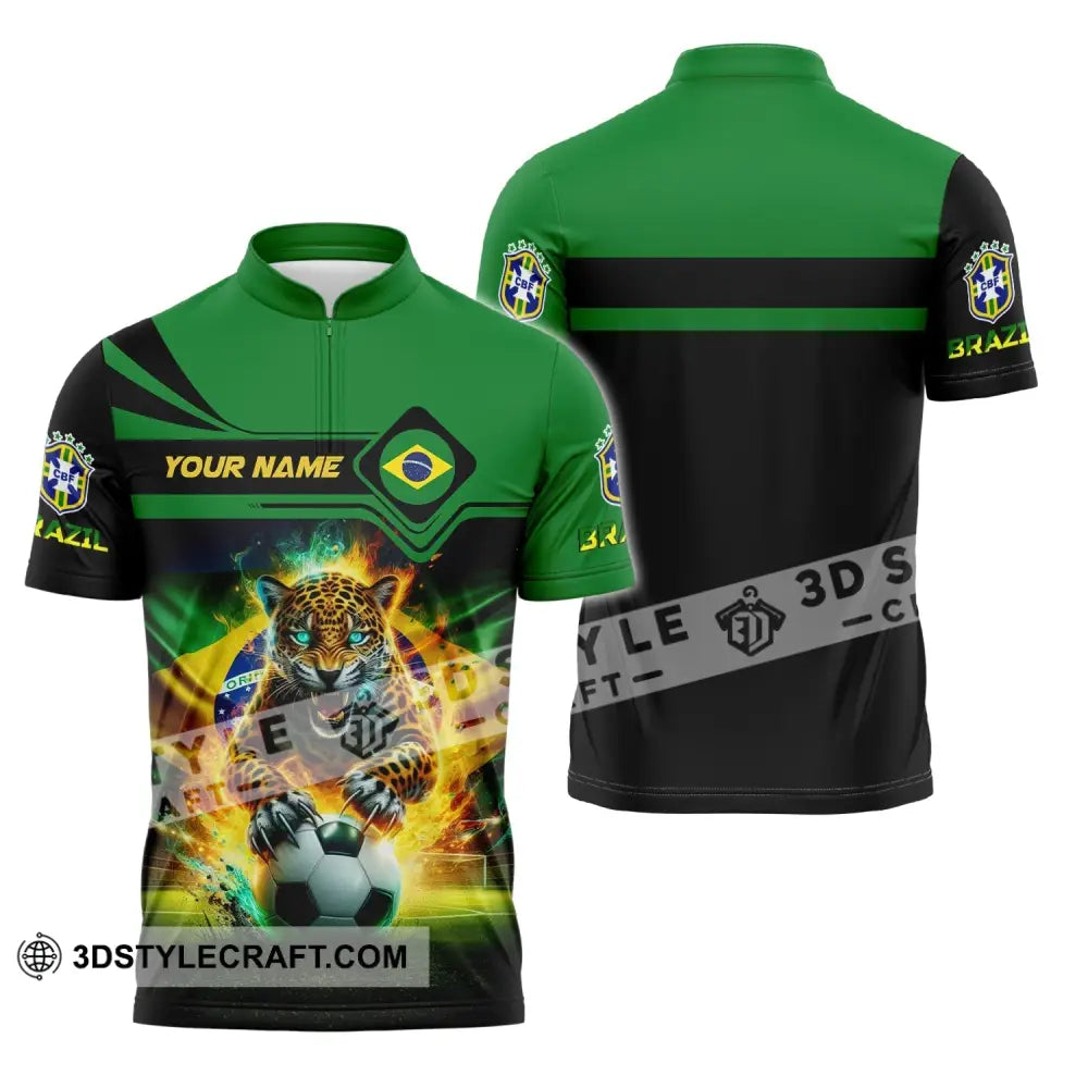 Man Shirt Custom Name Brazil Football Soccer T-Shirt Gift For Lover Zipper Polo / S