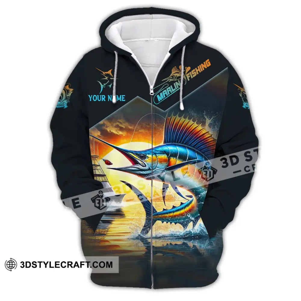 Man Shirt Custom Name Marlin Fishing Lover Hoodie Polo Long Sleeve Zipper / S T-Shirt