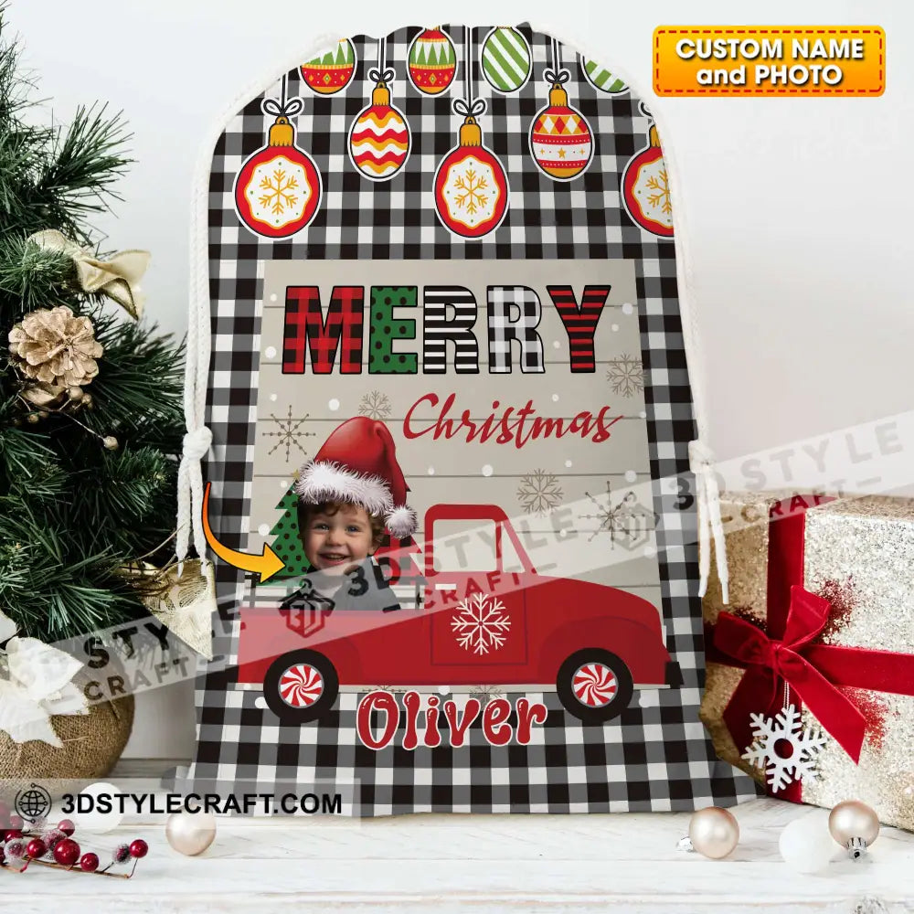 Merry Christmas Car Custom Photo And Name Personalized String Bag Gift 13X15 In - 33X39 Cm