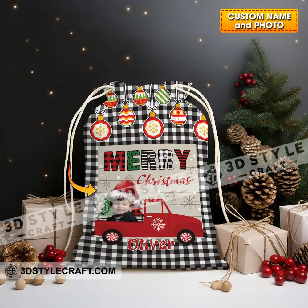 Merry Christmas Car Custom Photo And Name Personalized String Bag Gift