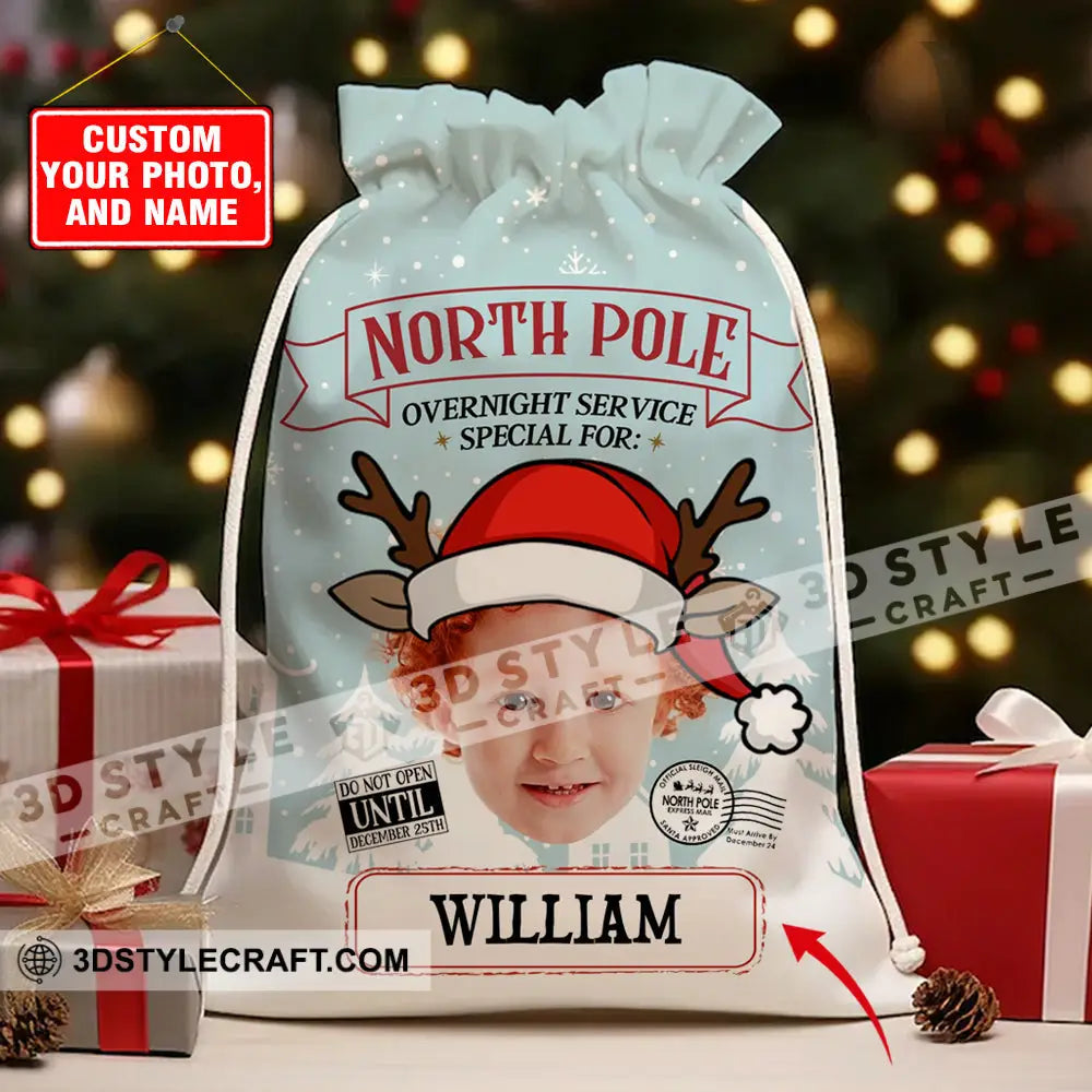 North Pole Overnight Service Custom Photo And Text Personalized String Bag Christmas Gift 13X15 In