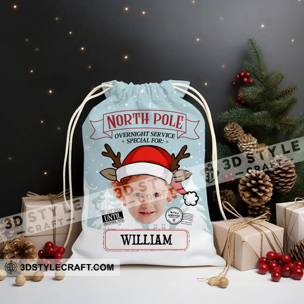 North Pole Overnight Service Custom Photo And Text Personalized String Bag Christmas Gift