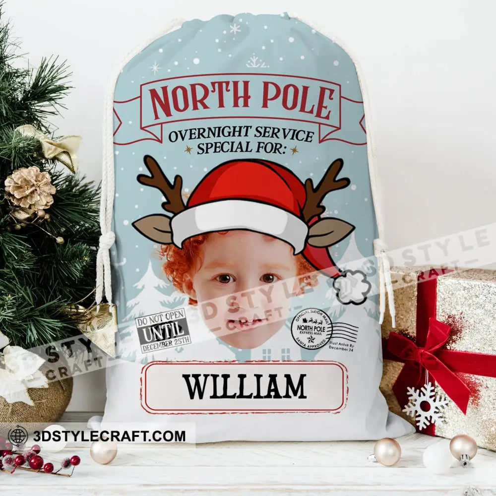 North Pole Overnight Service Custom Photo And Text Personalized String Bag Christmas Gift