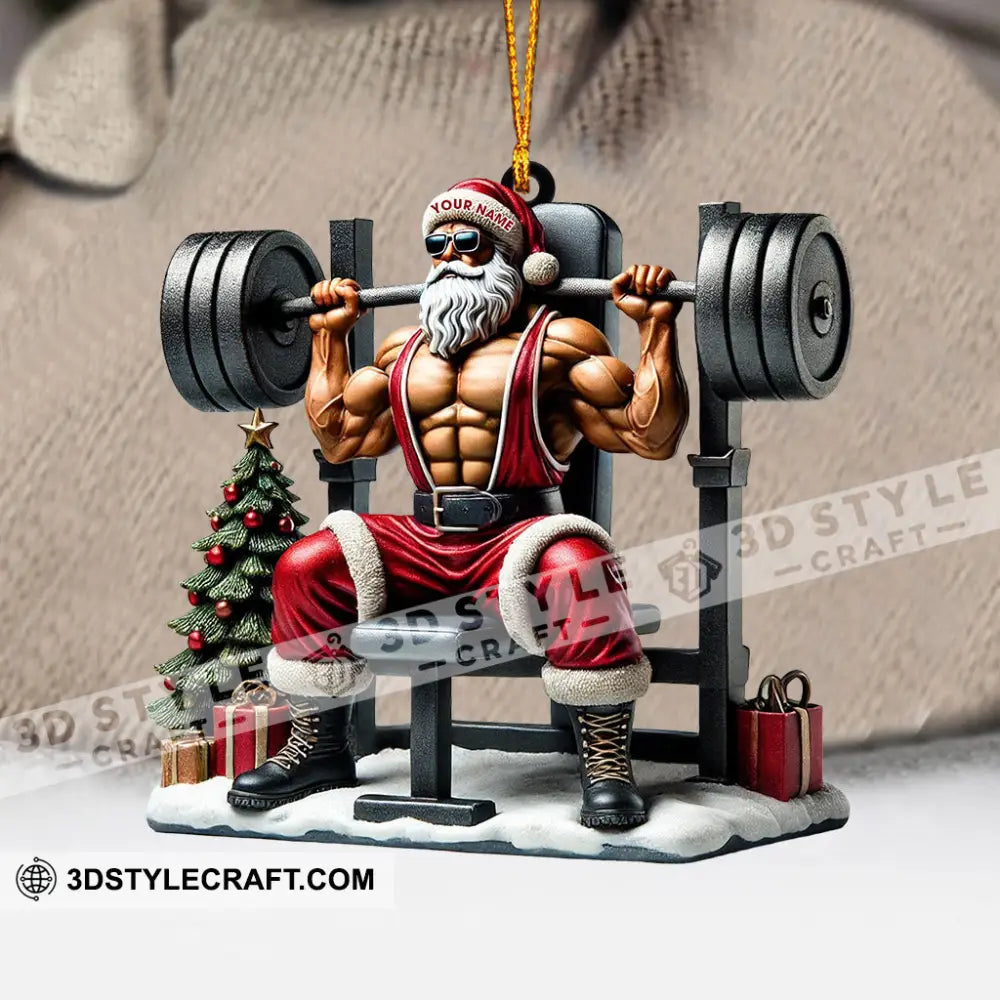 Santa Muscle Weightlifting Christmas Ornament Personalized