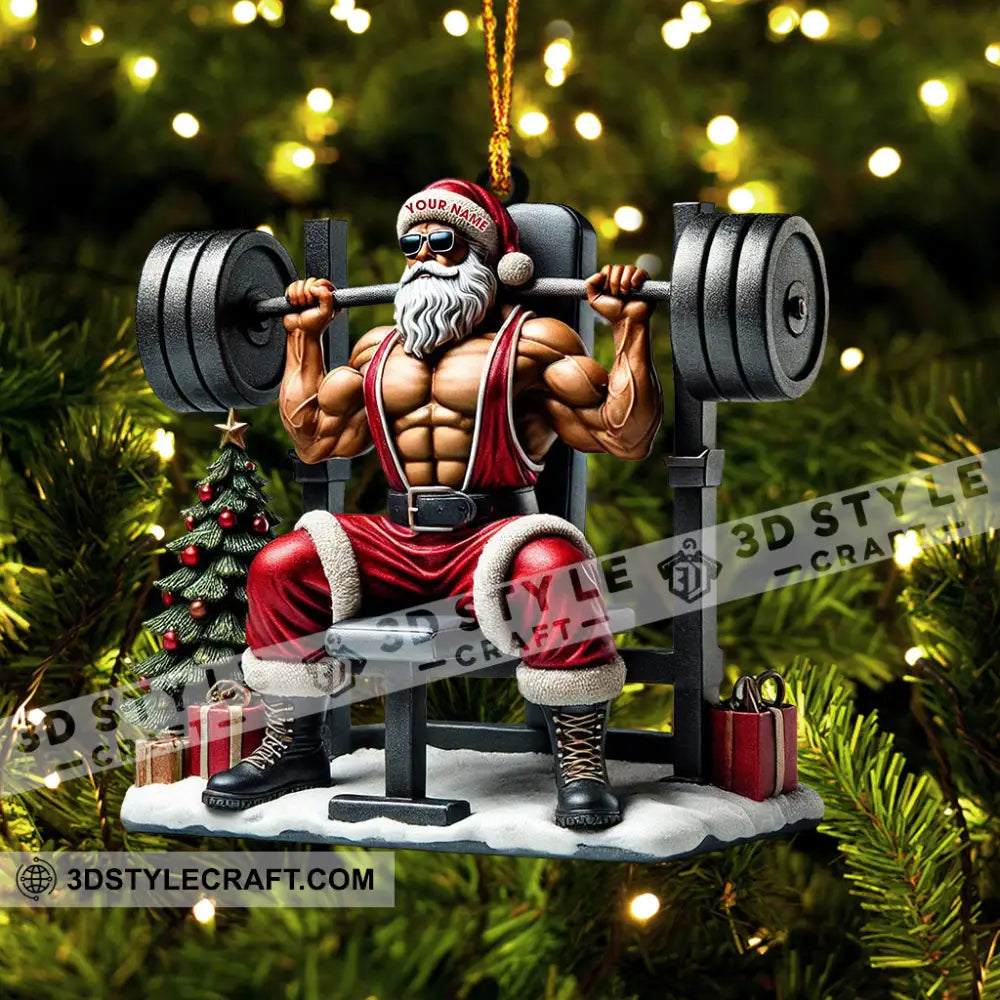 Santa Muscle Weightlifting Christmas Ornament Personalized