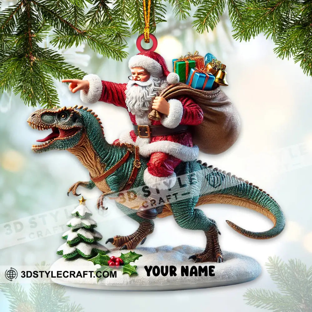 Santa Riding A Dinosaur Christmas Ornament Personalized