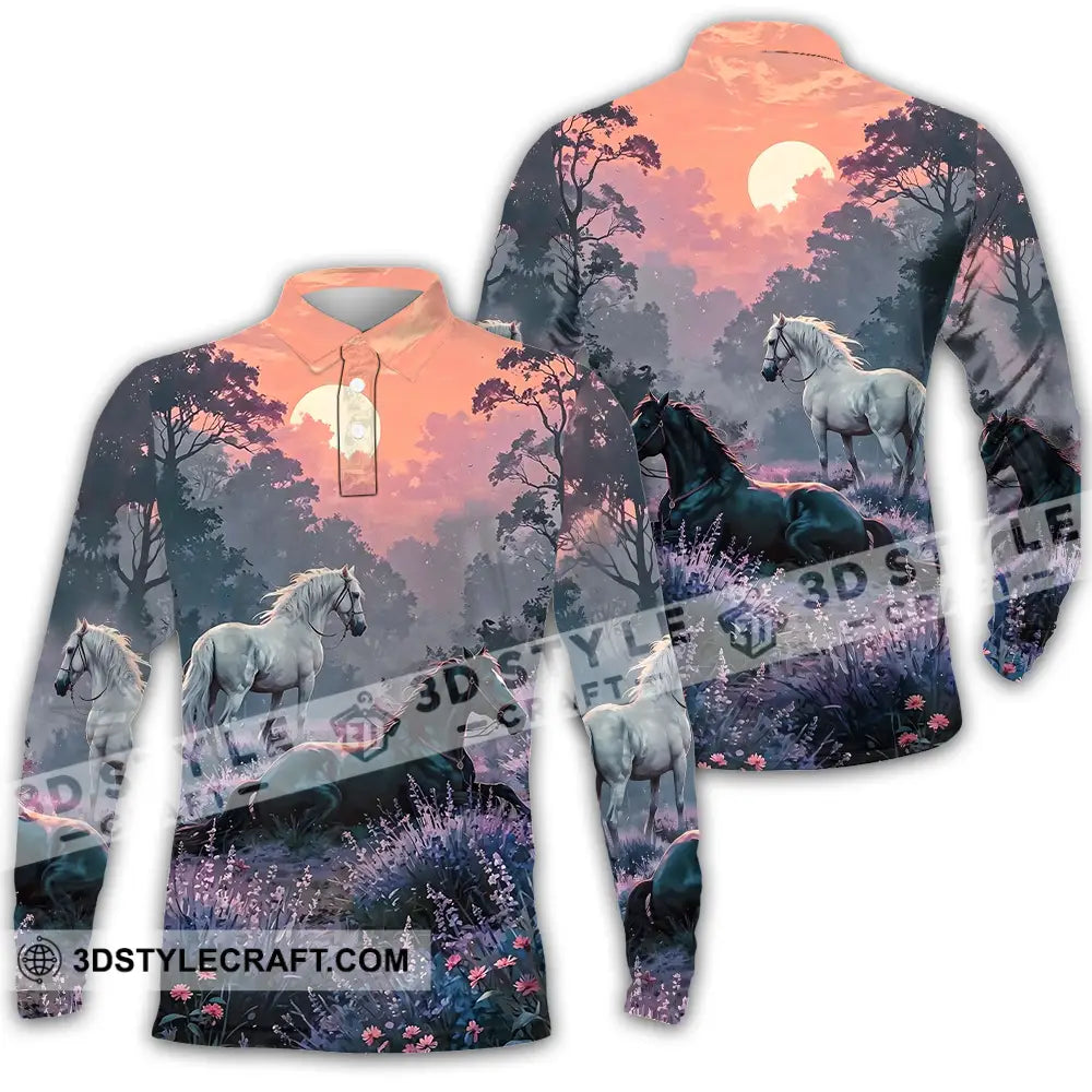 Unisex Shirt - Black And White Horses In Sunset Horse Graphic Animal Scenery Stylish Shirt Long Sleeve Polo / S T-shirt