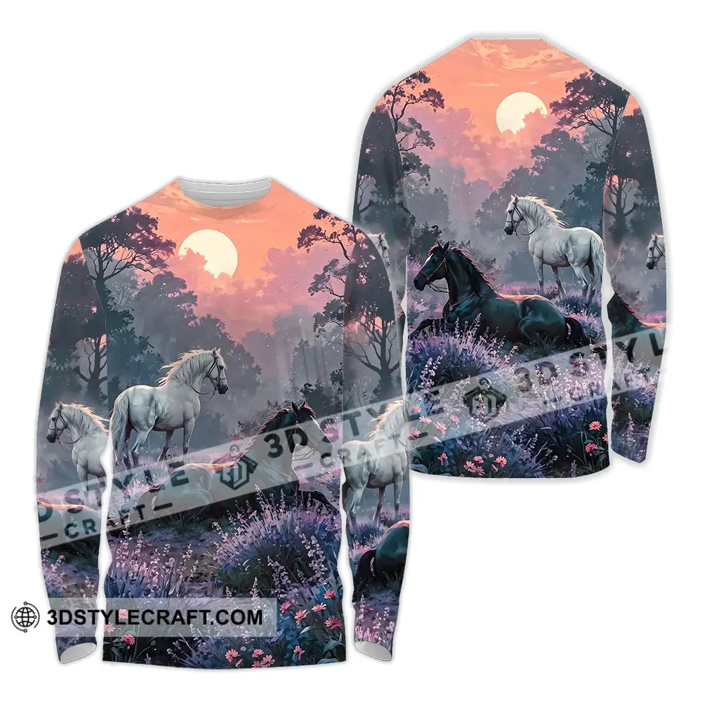 Unisex Shirt - Black And White Horses In Sunset Horse Graphic Animal Scenery Stylish Shirt Long Sleeve Shirt / S T-shirt