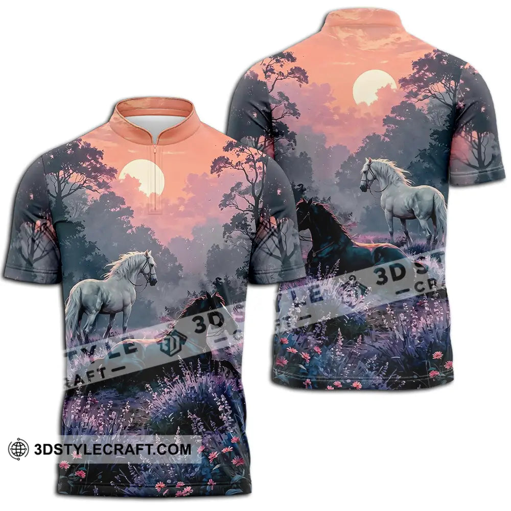 Unisex Shirt - Black And White Horses In Sunset Horse Graphic Animal Scenery Stylish Shirt Zipper Polo Shirt / S T-shirt