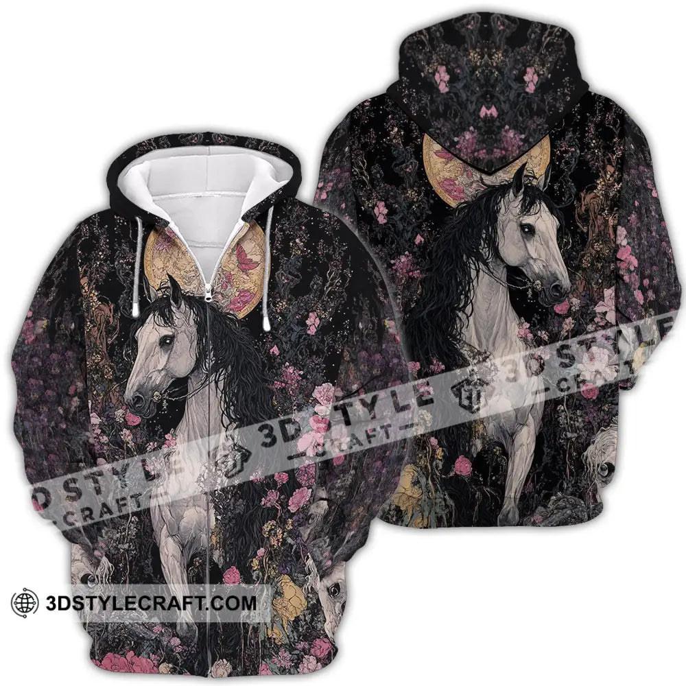 Unisex Shirt - Black Horse And Flowers Horse Graphic Animal Scenery Stylish Shirt Zipper Hoodie / S T-shirt