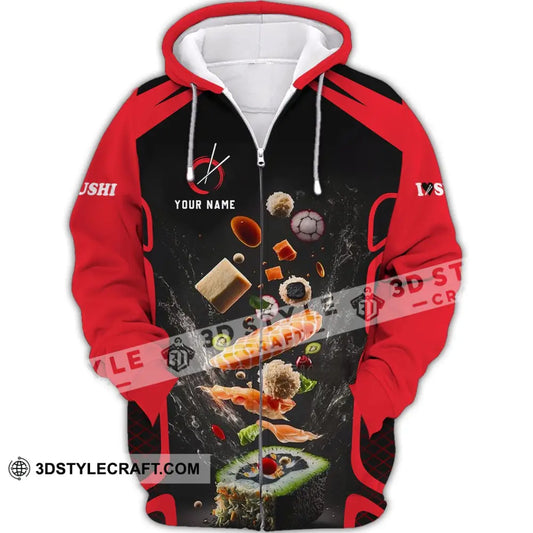 Unisex Shirt - Custom Chef Name I Love Sushi Gift For Japan Kitchen Lover Red And Black Zipper