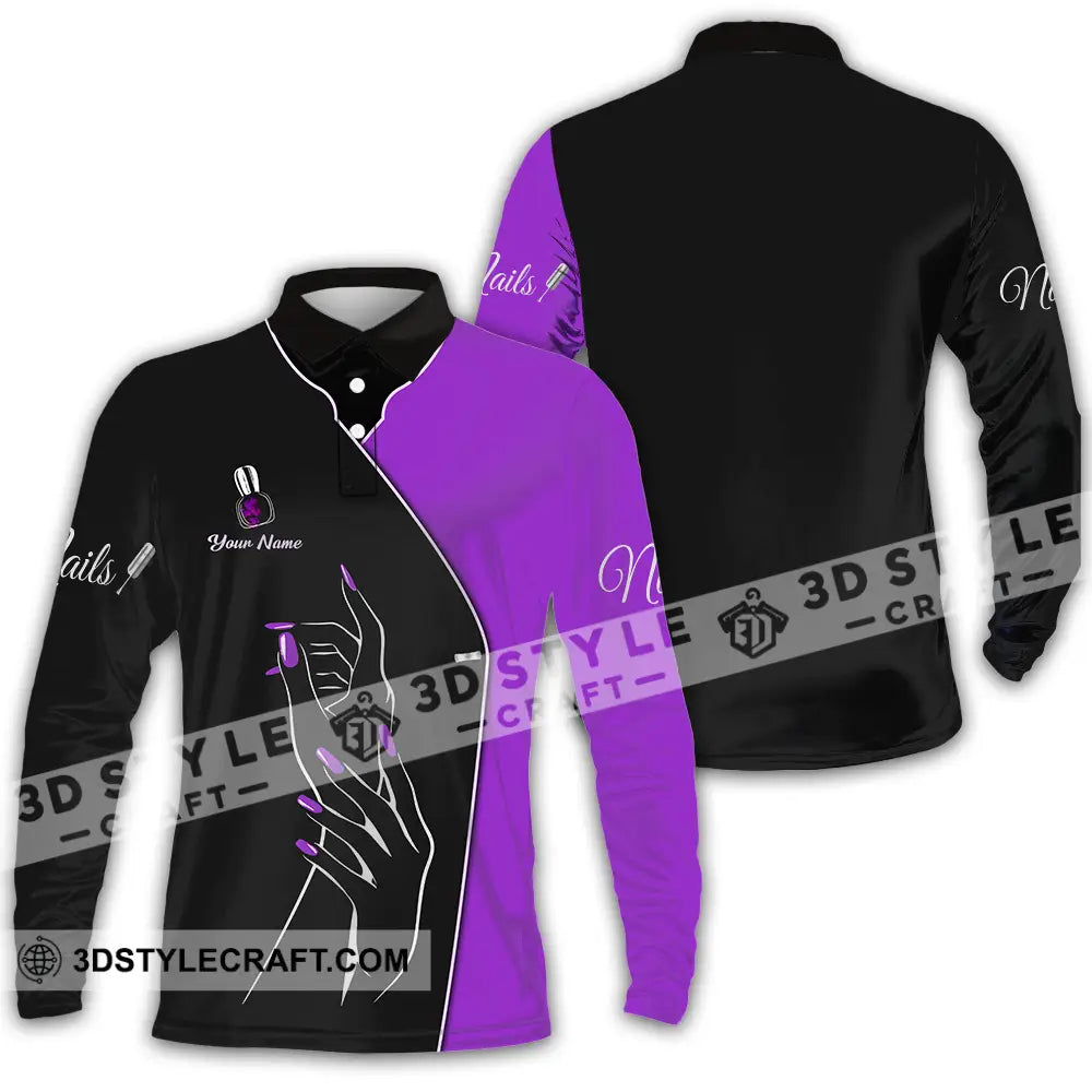 Unisex Shirt - Custom Nails Lover Purple Shirt Long Sleeve Polo / S T-shirt
