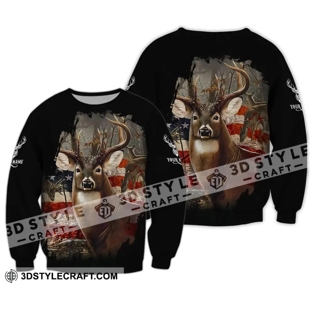 Unisex Shirt - Custom Name 3D America Deer Long Sleeve / S T-Shirt