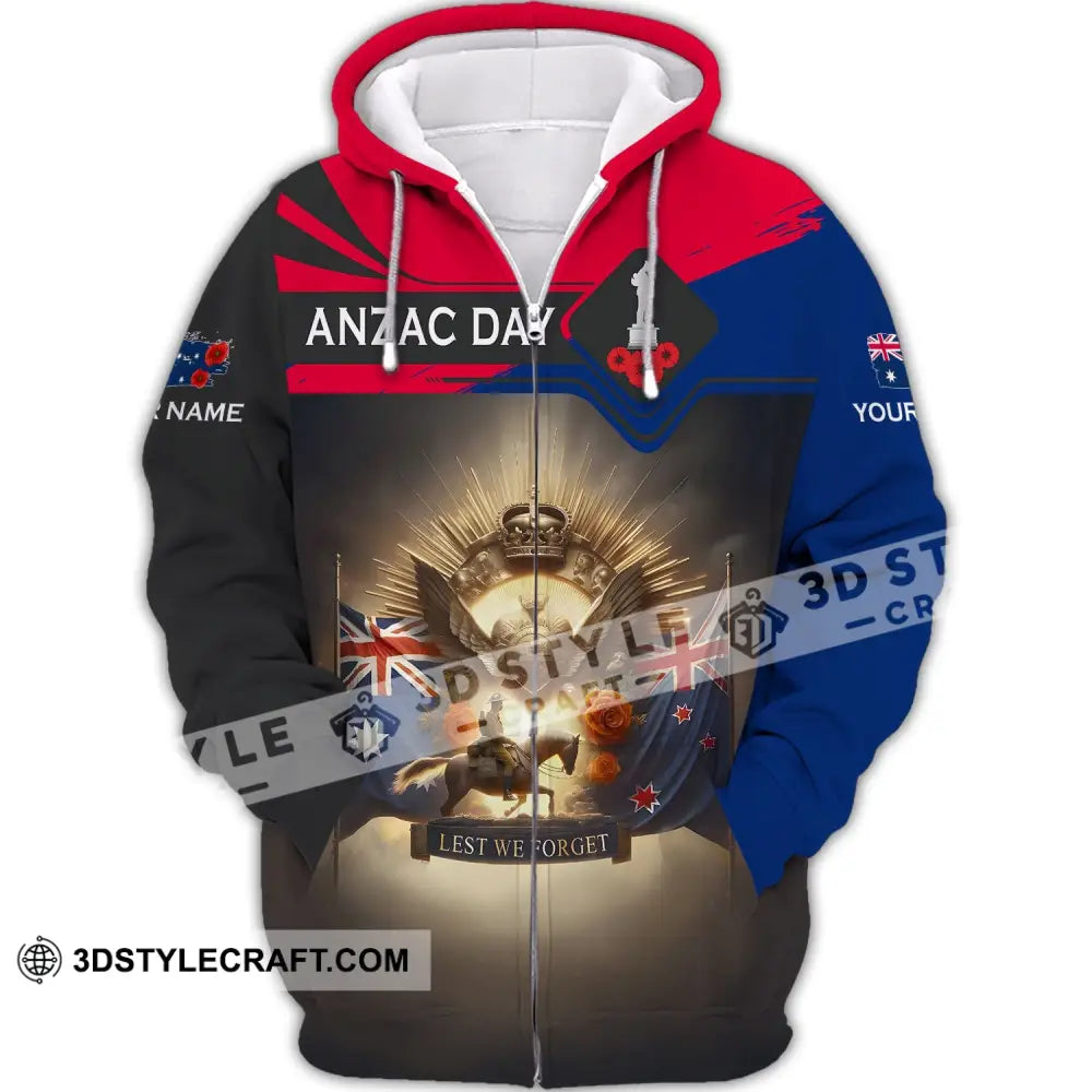 Unisex Shirt - Custom Name 3D Anzac Day Lest We Forget Zipper Hoodie / S T-Shirt