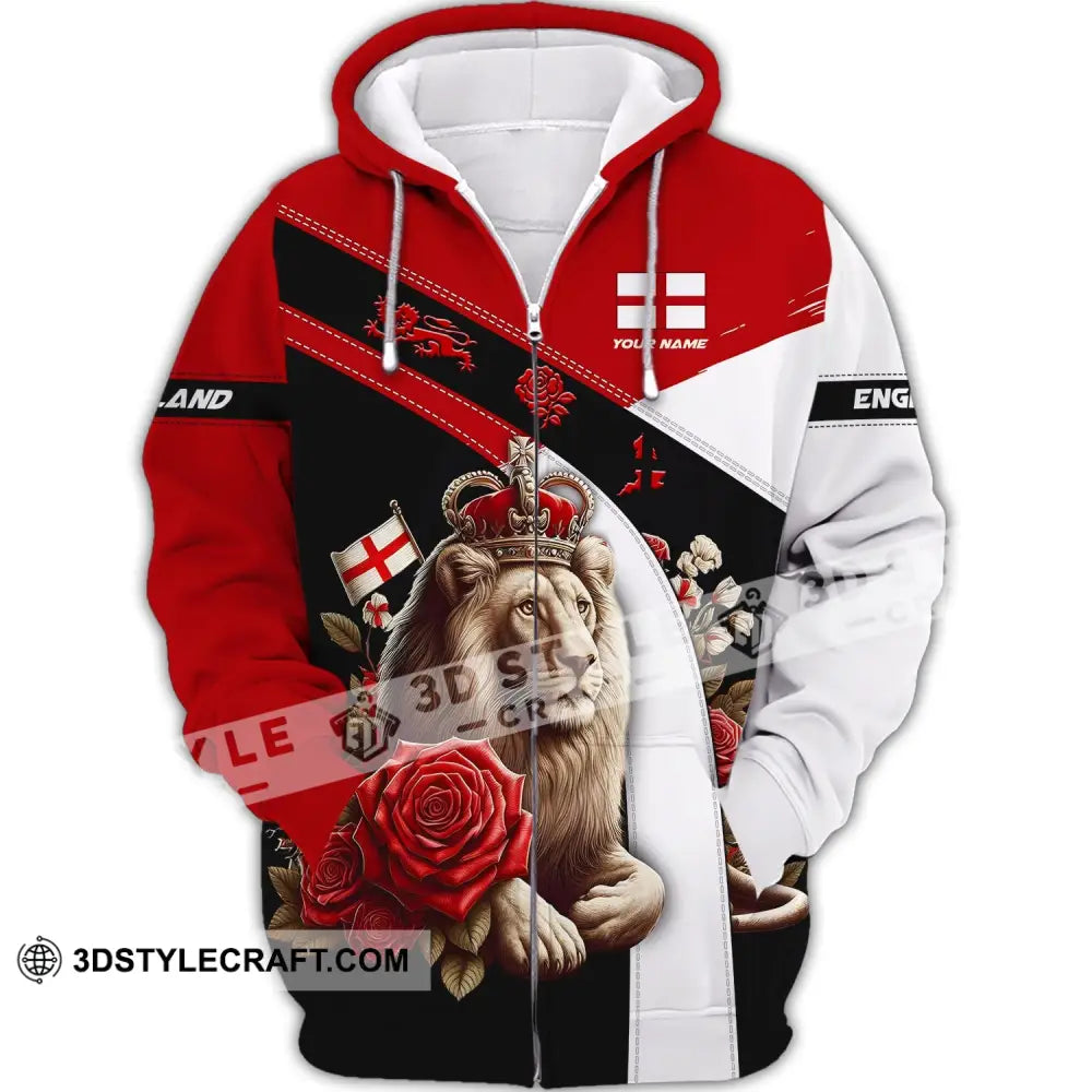 Unisex Shirt - Custom Name 3D England Red Rose Lion Zipper Hoodie / S T-Shirt