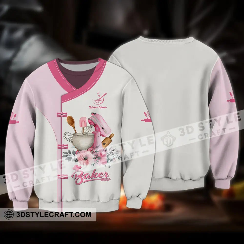 Unisex Shirt - Custom Name 3D For Baker Making Cake Light Pink Flowers Long Sleeve / S T-Shirt