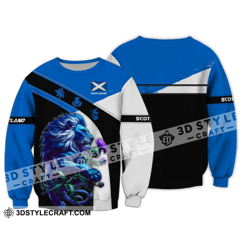 Unisex Shirt - Custom Name 3D Scotland Blue And White Lion Long Sleeve / S T-Shirt