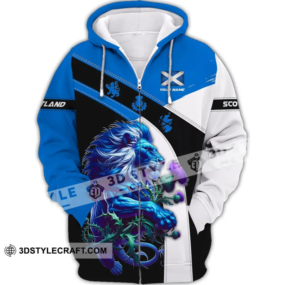 Unisex Shirt - Custom Name 3D Scotland Blue And White Lion Zipper Hoodie / S T-Shirt