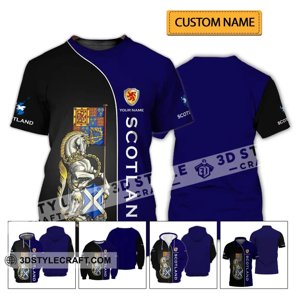 Unisex Shirt - Custom Name 3D Scotland Lover Blue And Black Design T-Shirt